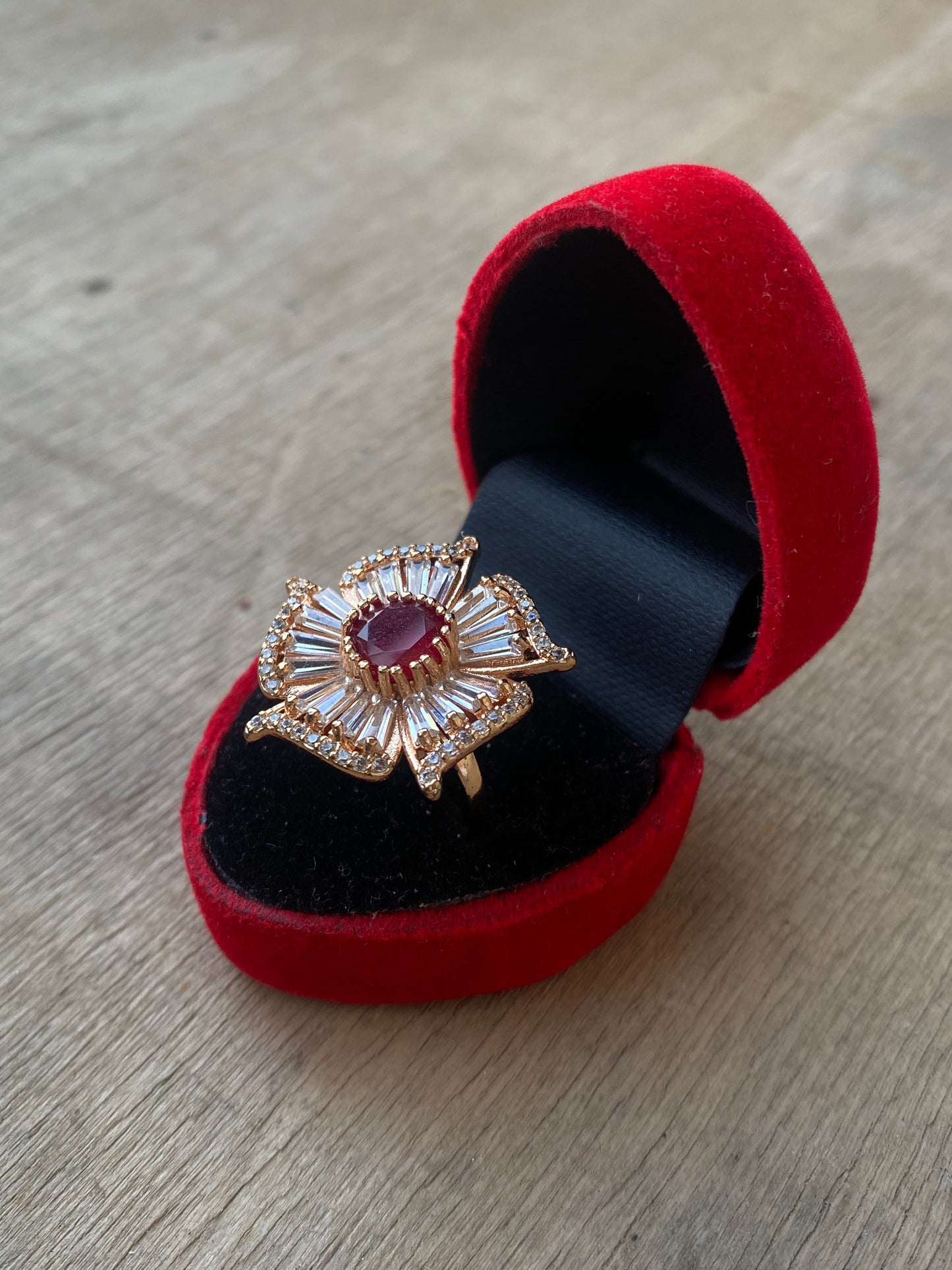 Flower Ring with White Zircon and Red Bead