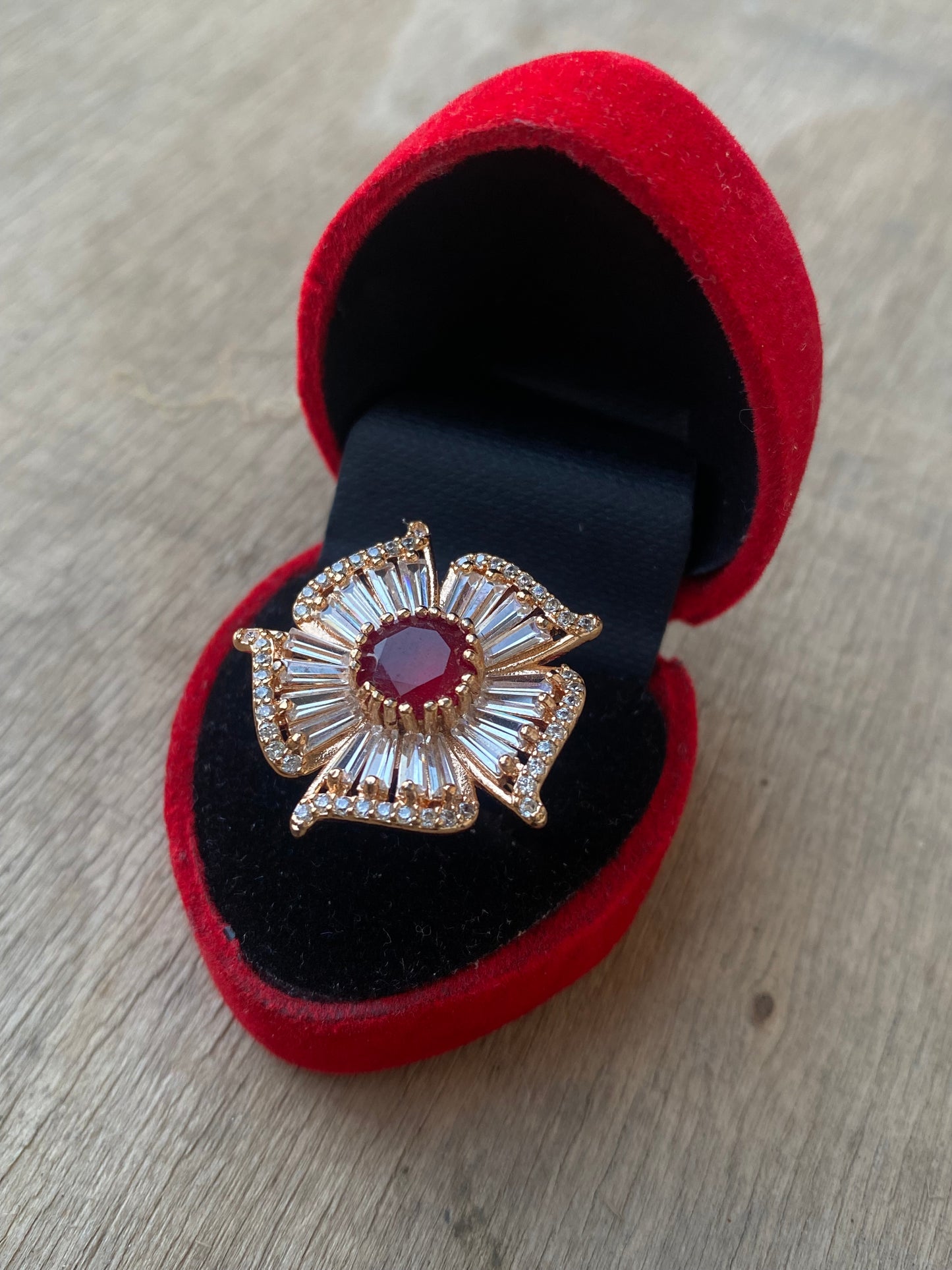 Flower Ring with White Zircon and Red Bead