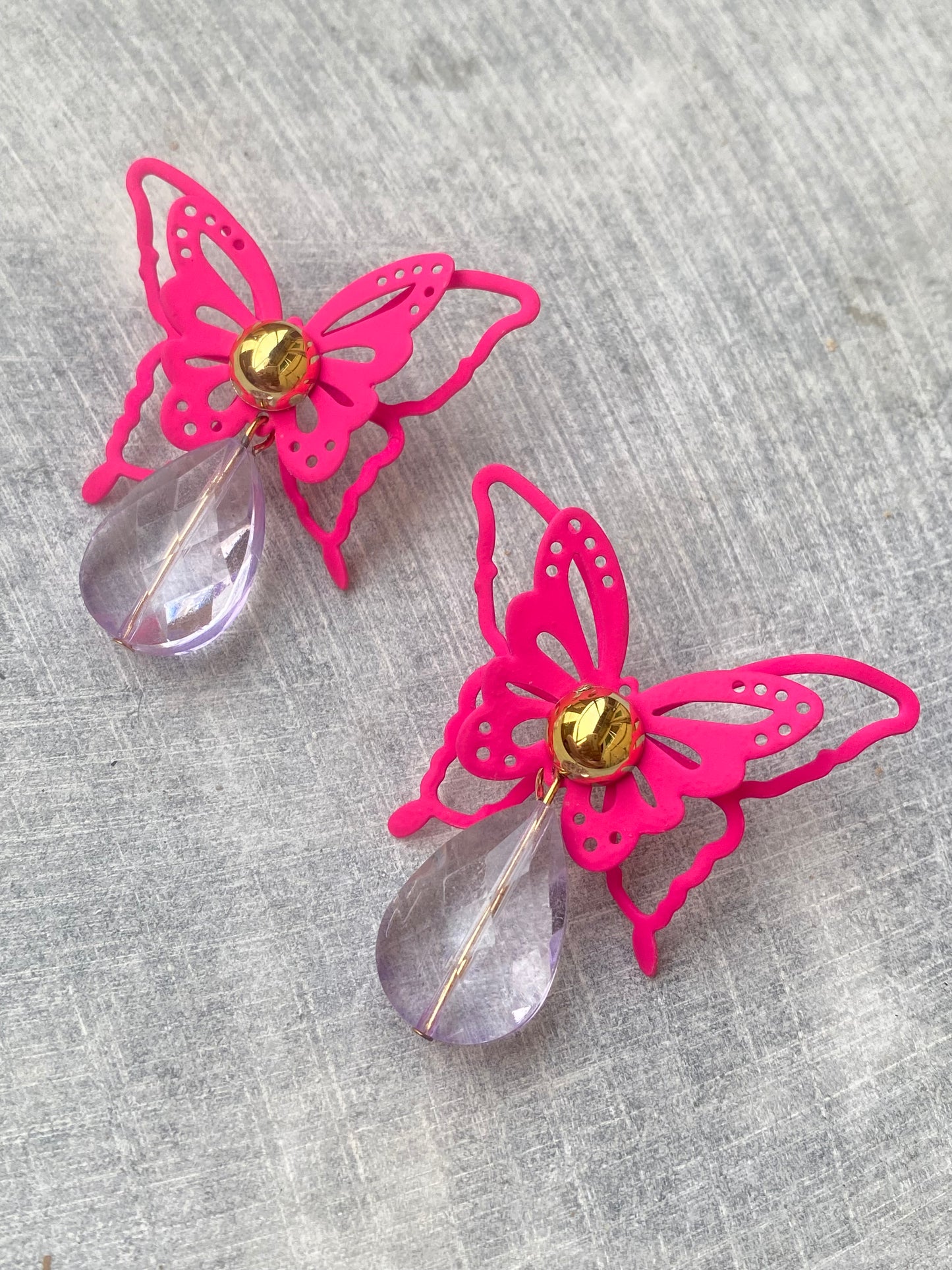 Pink Butterfly with lilac Droplet Earrings - Layla