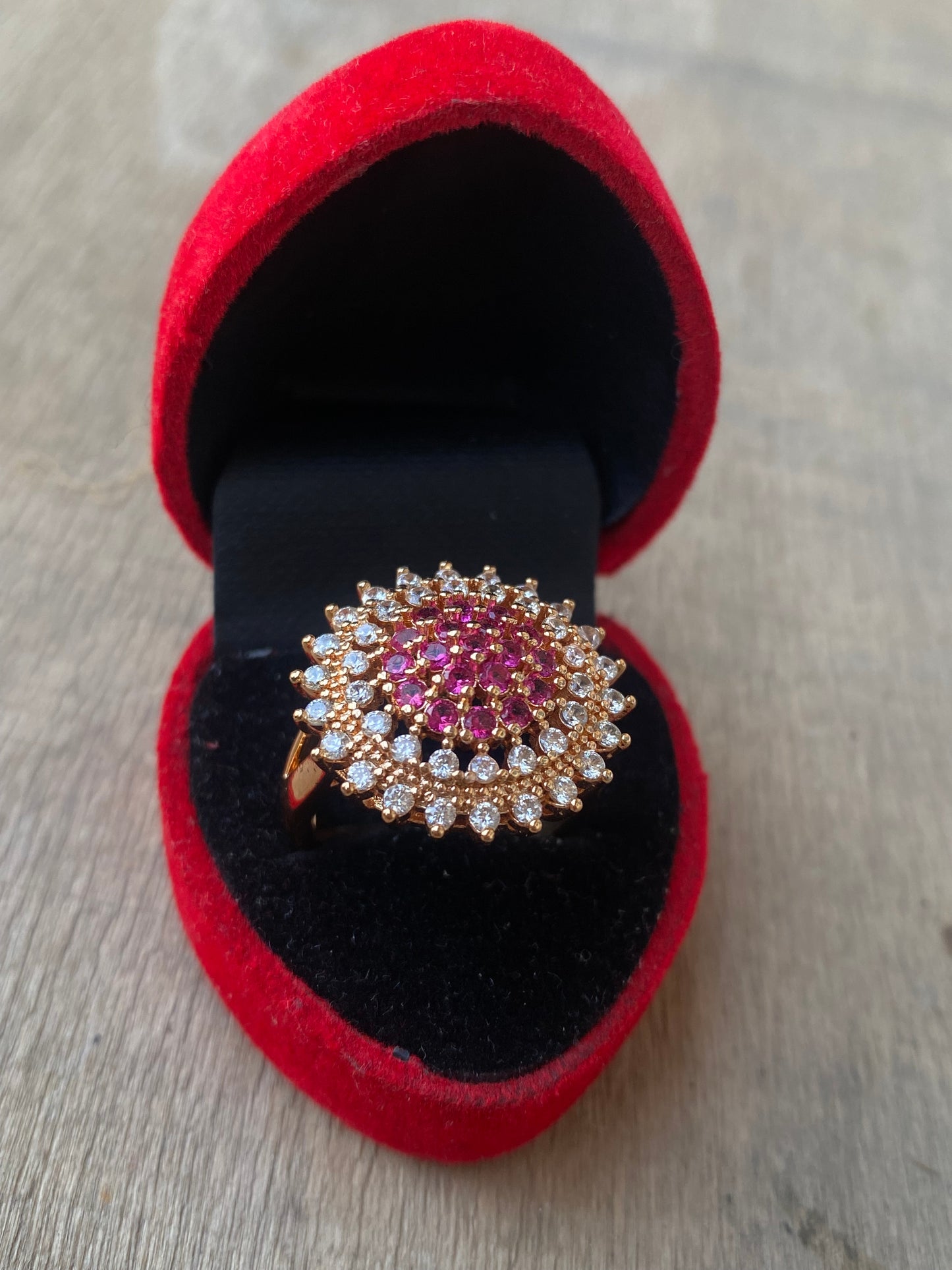 Round Pink Zircon Ring with White Rhinestones