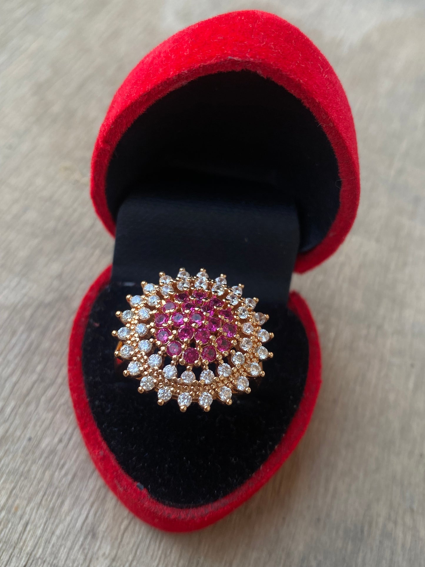Round Pink Zircon Ring with White Rhinestones