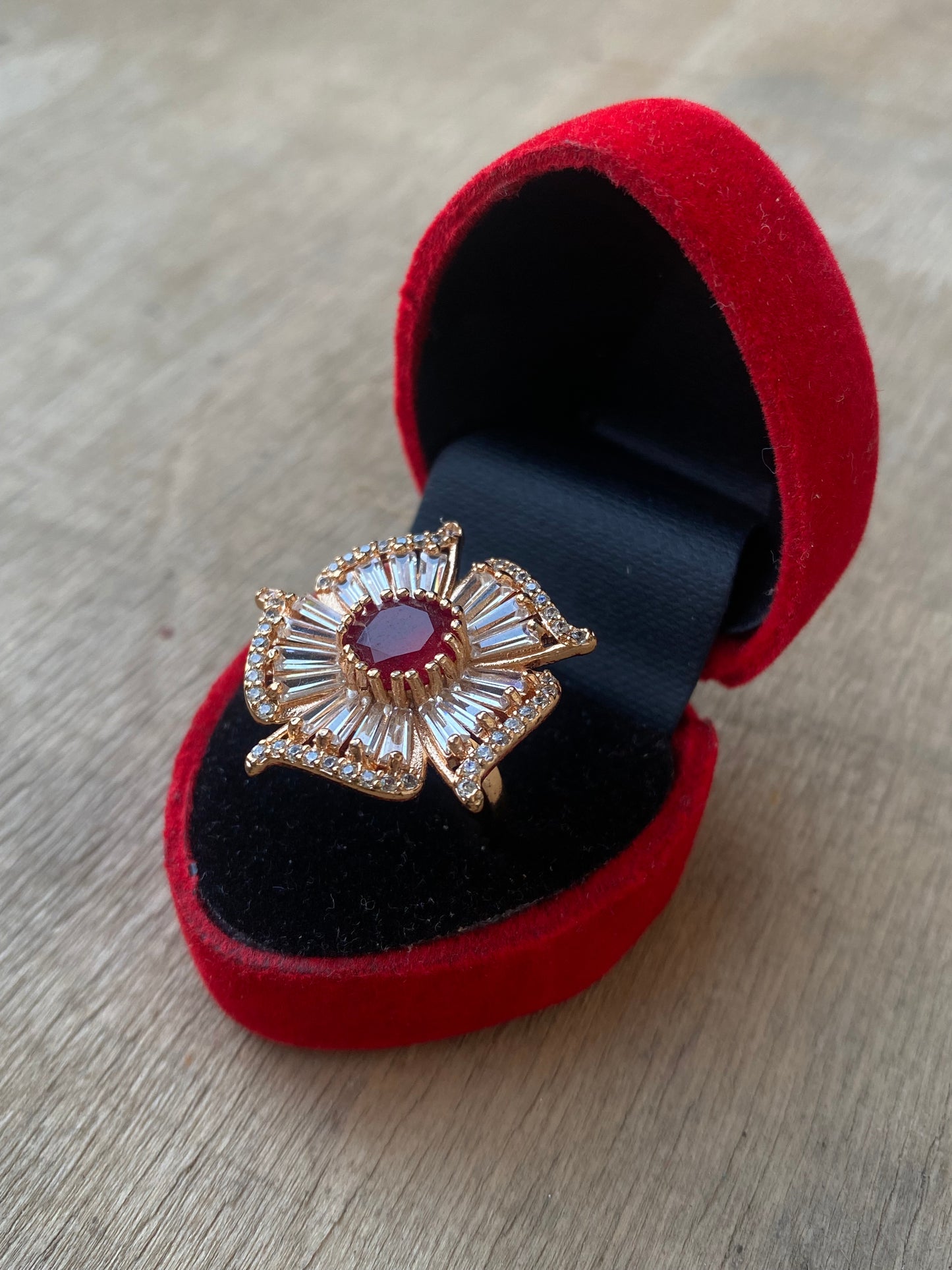 Flower Ring with White Zircon and Red Bead