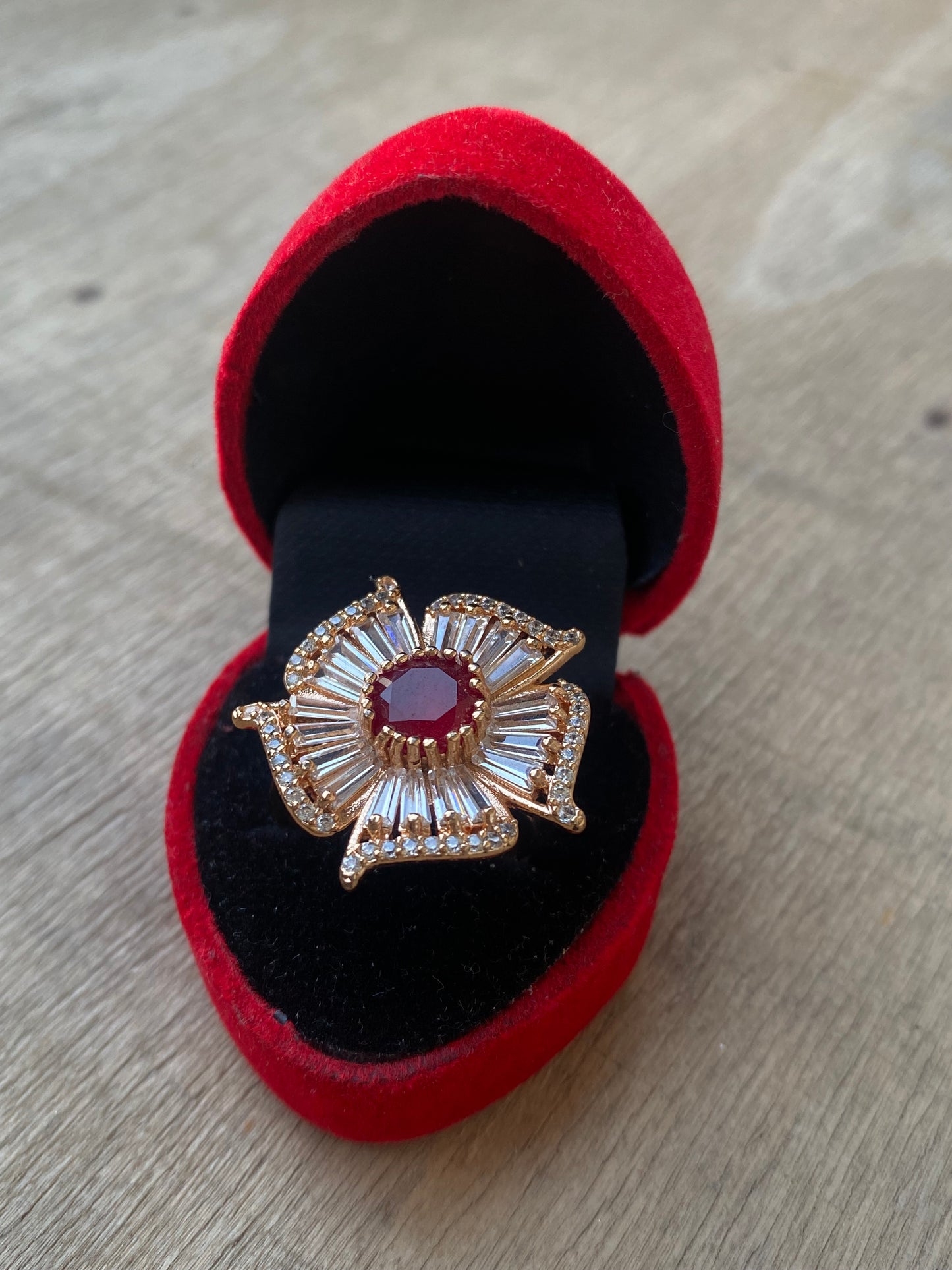 Flower Ring with White Zircon and Red Bead