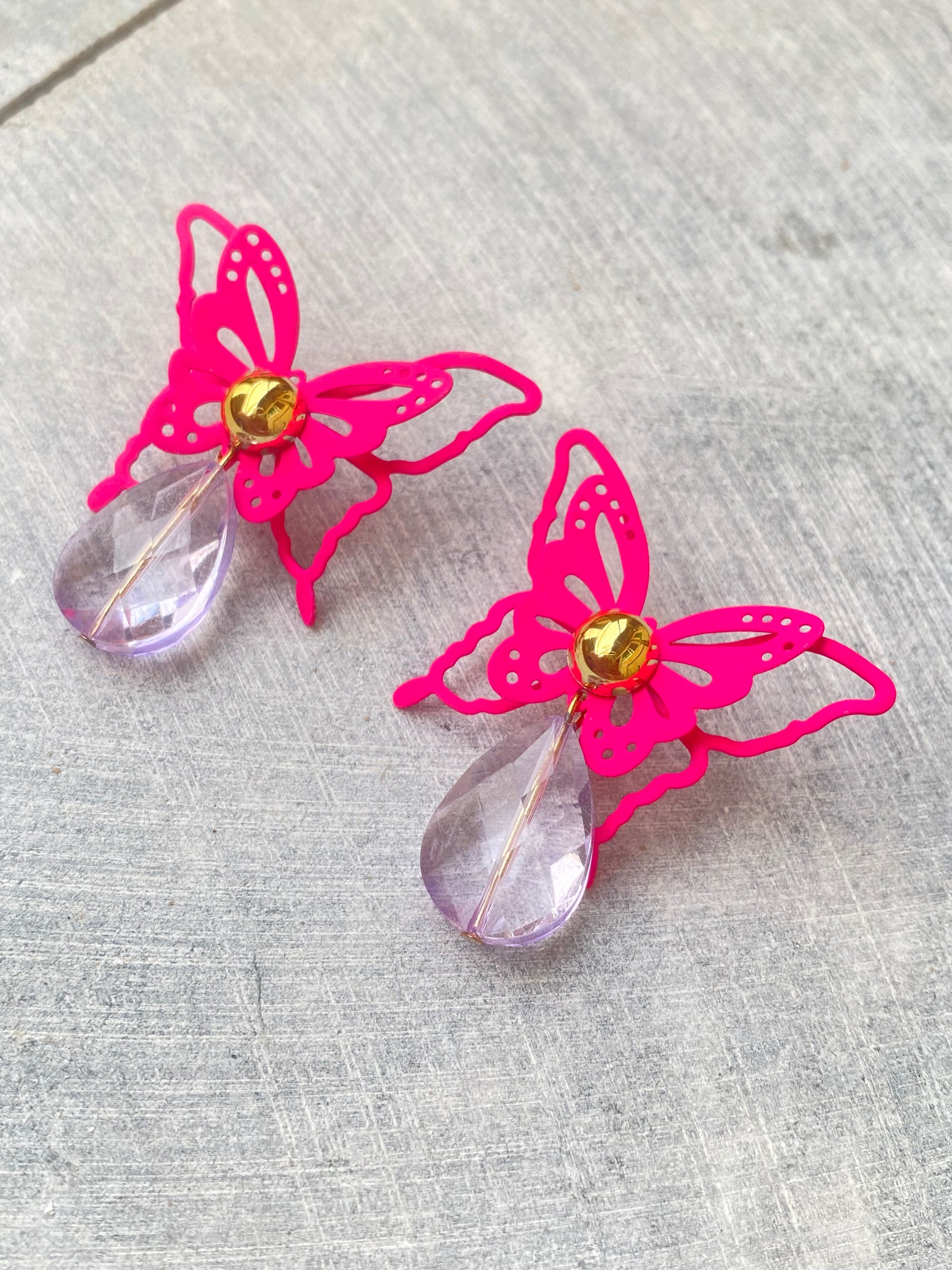 Pink Butterfly with lilac Droplet Earrings - Layla