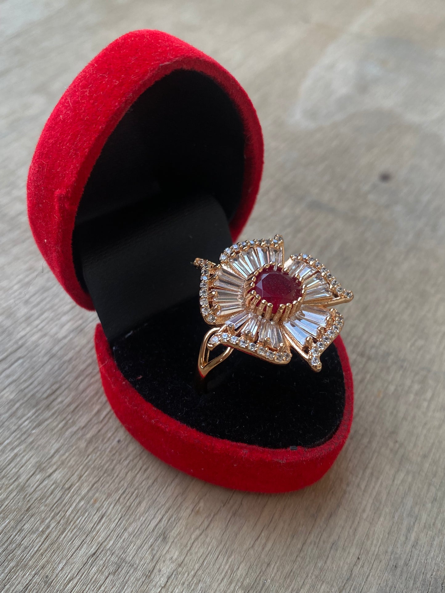 Flower Ring with White Zircon and Red Bead
