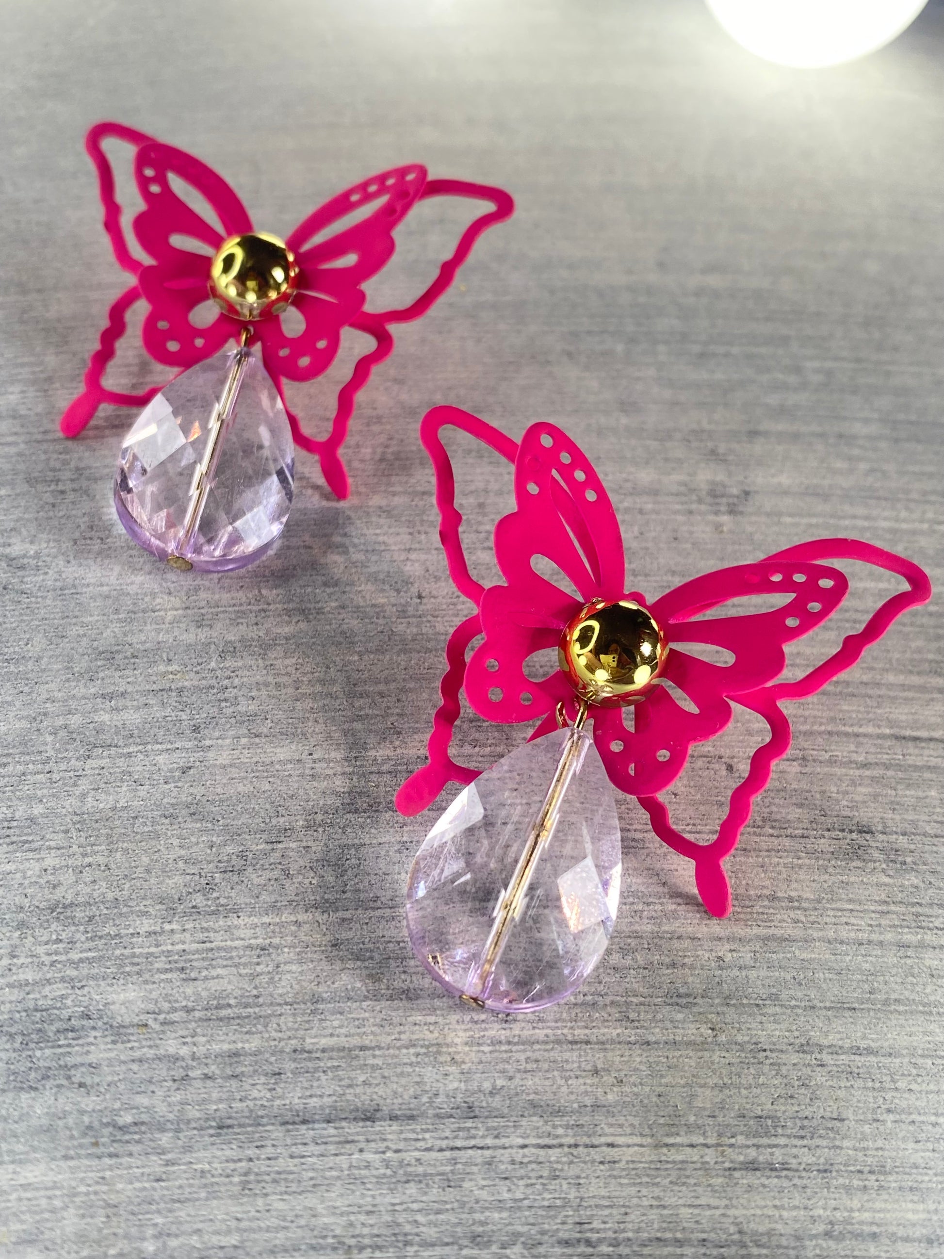 Pink Butterfly with lilac Droplet Earrings - Layla